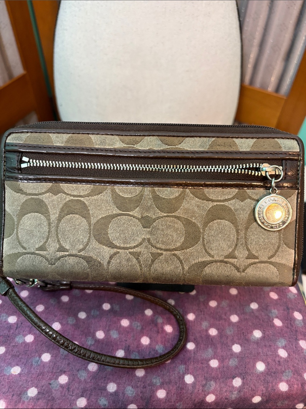 Coach Brown Signature Canvas Wristlet with Dark Brown Trim